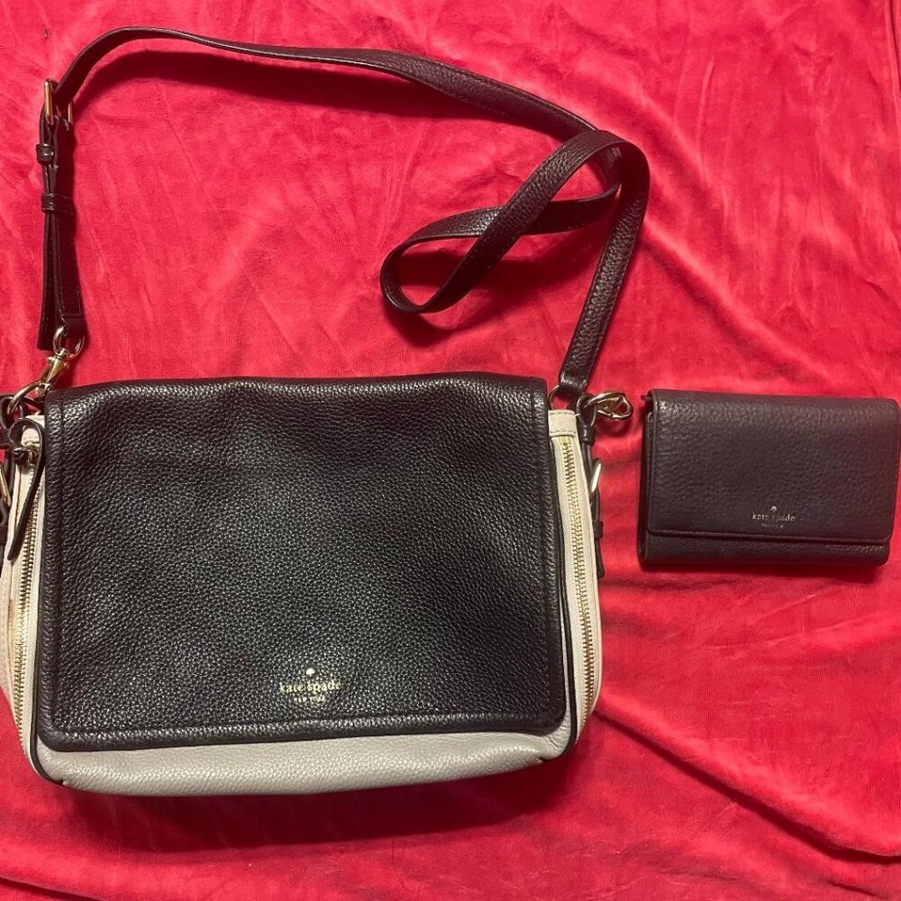 Kate Spade Black Gray Pebble Leather Crossbody & Trifold Wallet Set